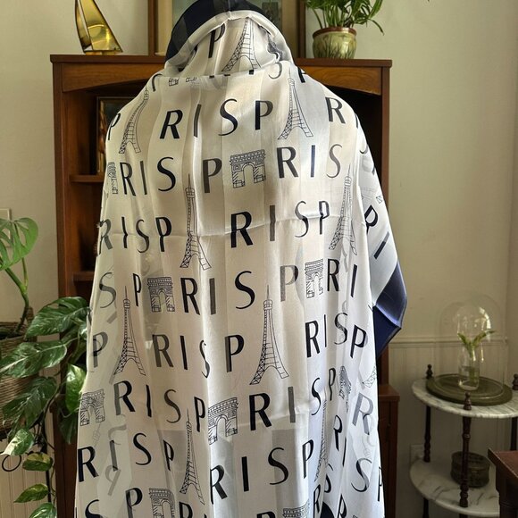 Paris-Inspired White & Navy Scarf Wrap 38" x 38" Eiffel Tower Print - Picture 2 of 3